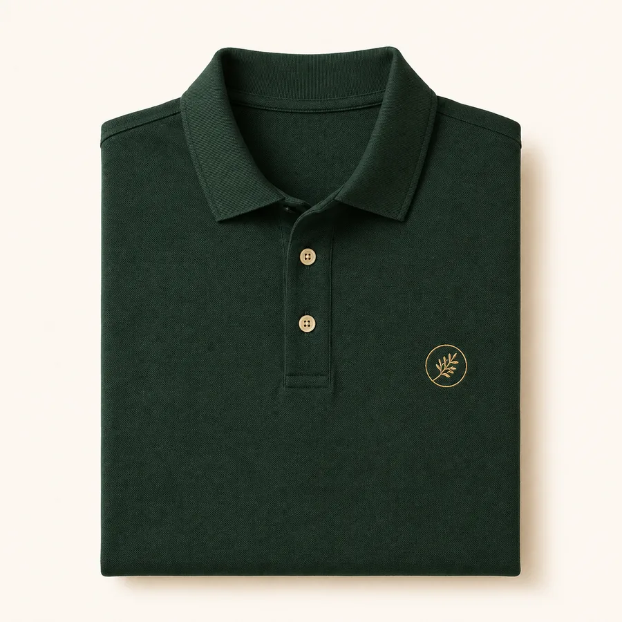 Bio-Baumwoll-Polo-Shirt in Waldgrün mit besticktem Logo auf der Brust – BRODIRA